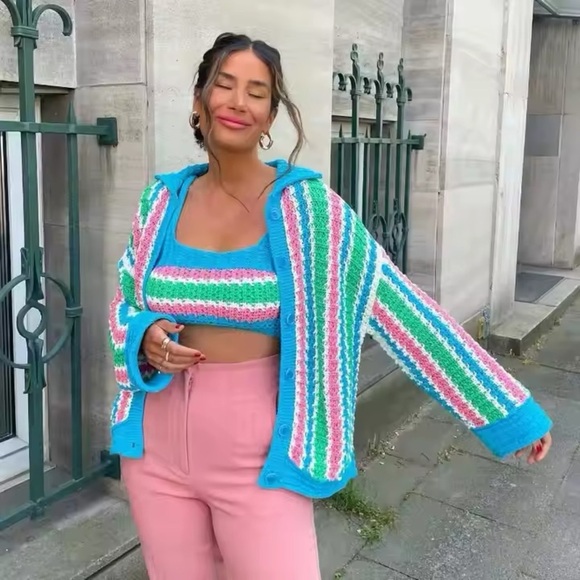 ZARA Bloggers Favorite MATCHING SET Crochet Crop Top & Cardigan Sweater Sz M - Picture 4 of 13